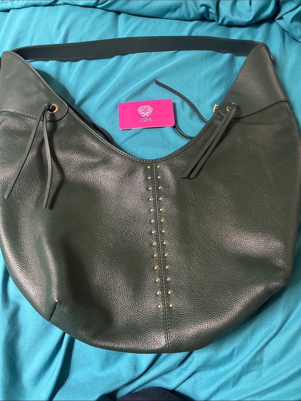 Vince Camuto Dark Olive Green Pebbled Hobo with Gold Studs